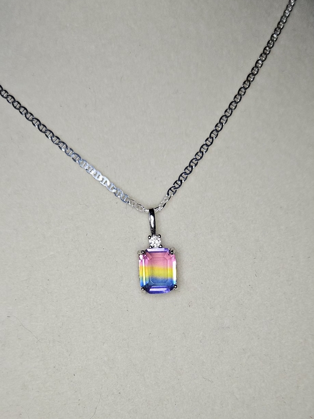 Sterling Silver Tourmaline Rainbow Gradient Pendant And Italian Mariner Chain